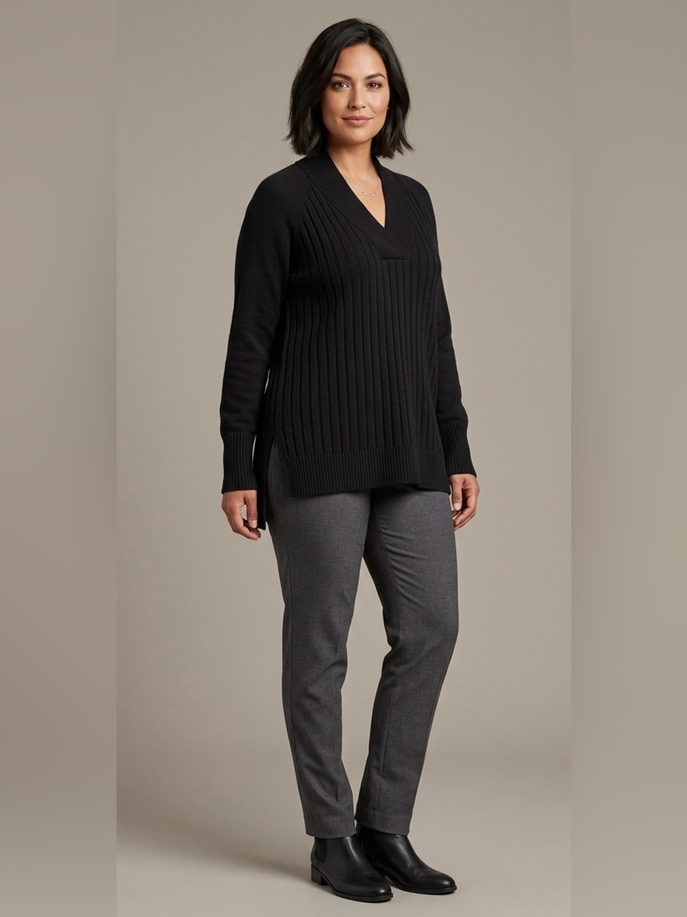 White House Black Market Black Ribbed Knit V-Neck Sweater Side Slits Tunic